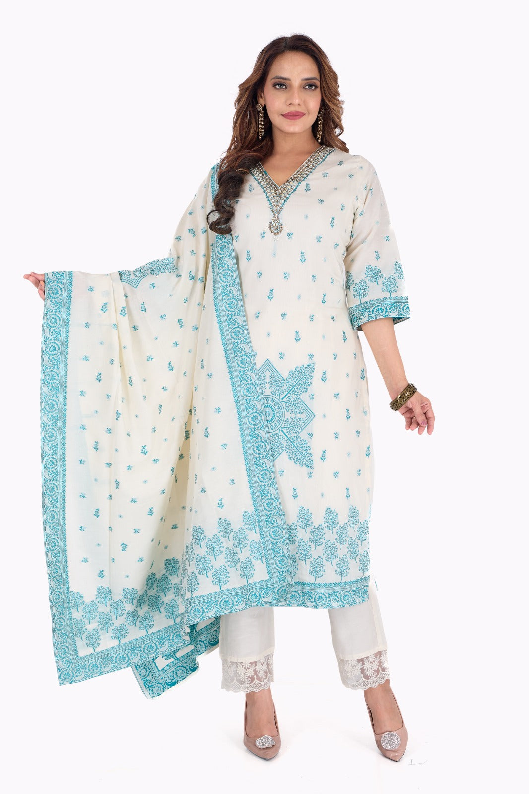 💠 Timeless Tranquility – Ivory & Aqua Blue Cotton Jaykat Suit Set 💠