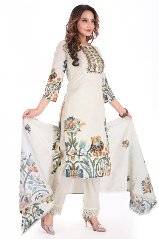 🌼 Elegance in Bloom – Ivory Floral Digital Print Cotton Suit Set 🌼