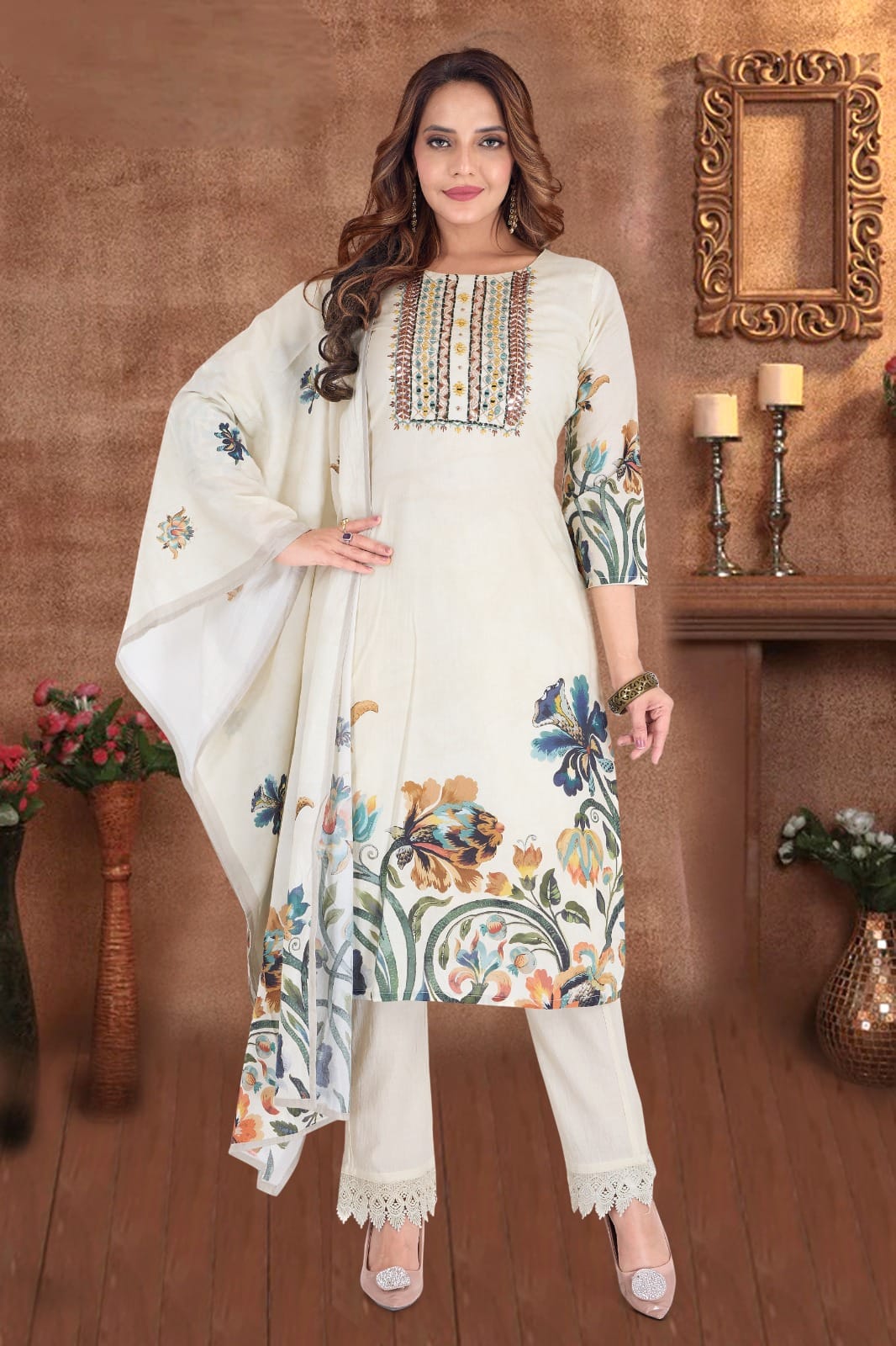 🌼 Elegance in Bloom – Ivory Floral Digital Print Cotton Suit Set 🌼