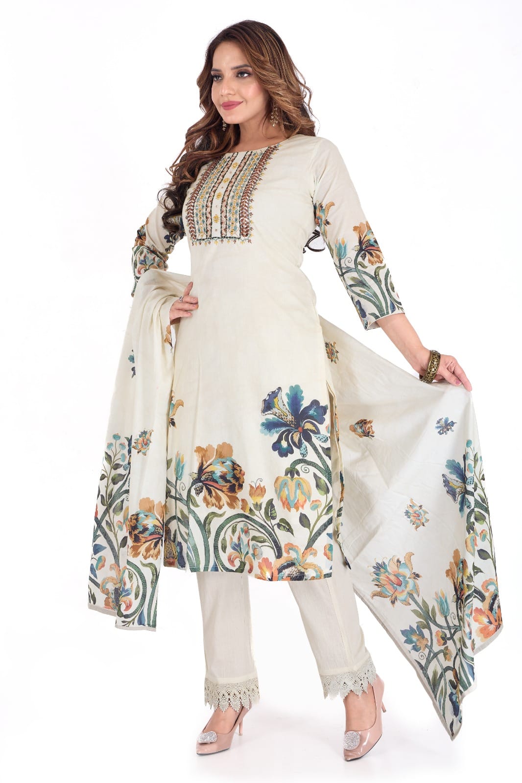 🌼 Elegance in Bloom – Ivory Floral Digital Print Cotton Suit Set 🌼