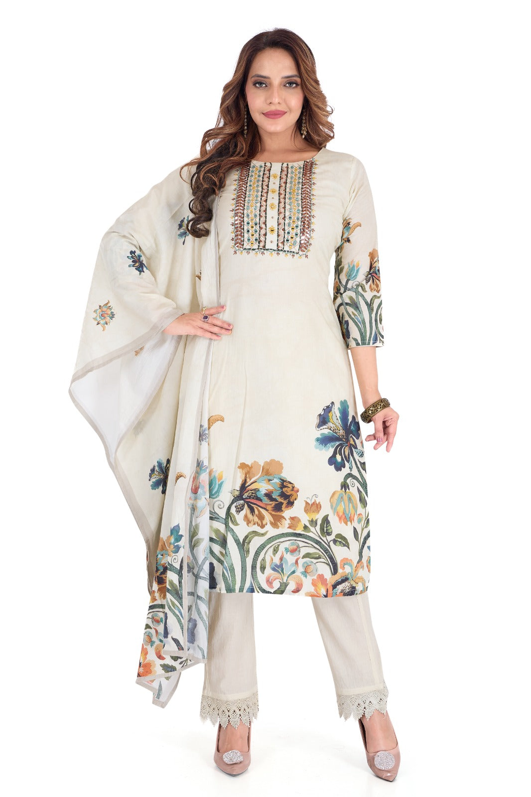 🌼 Elegance in Bloom – Ivory Floral Digital Print Cotton Suit Set 🌼