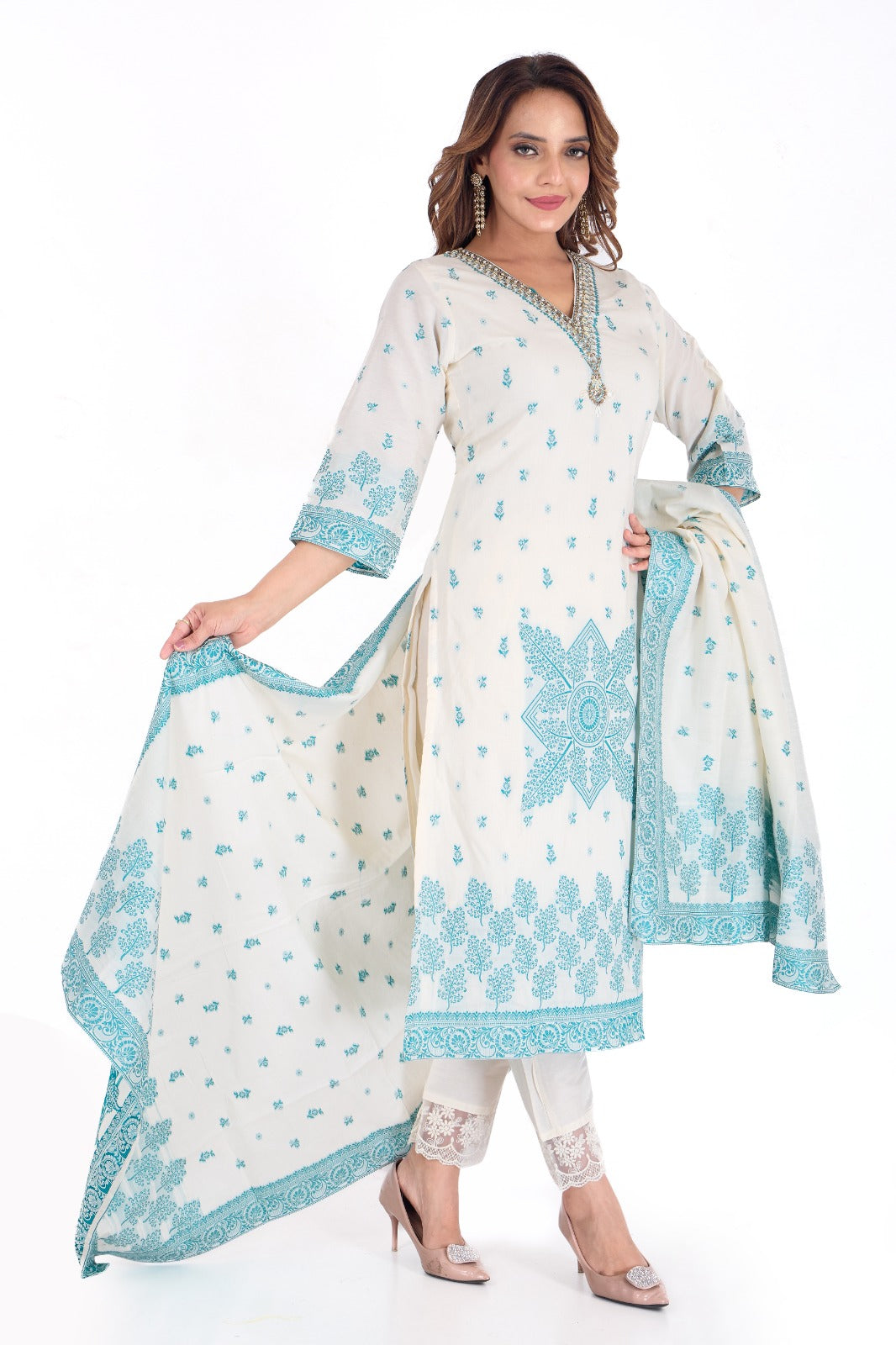 💠 Timeless Tranquility – Ivory & Aqua Blue Cotton Jaykat Suit Set 💠