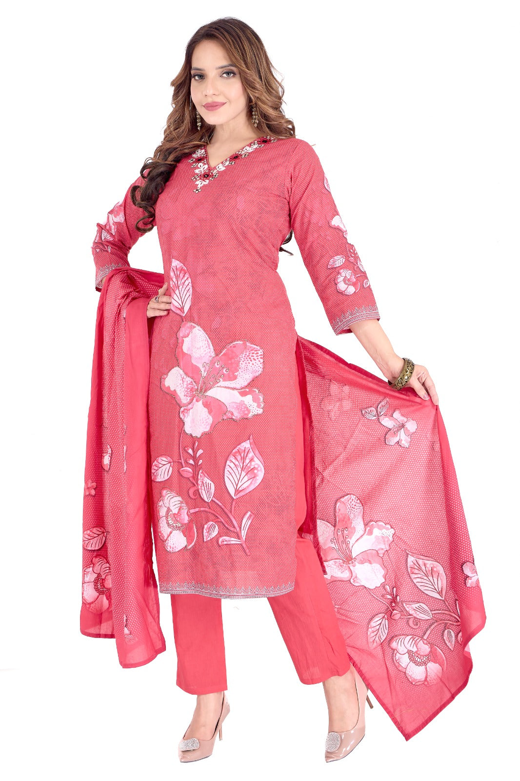 Red cotton dress with pant, top and duppatta