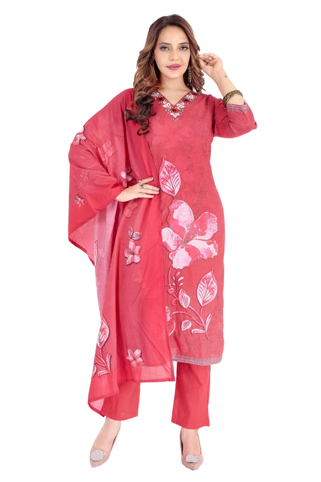 Red cotton dress with pant, top and duppatta