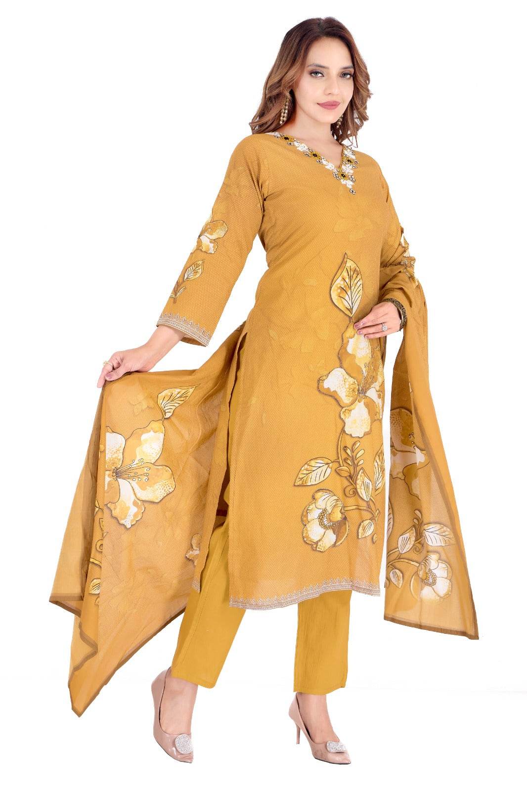 💛 Bloom with Grace – Mustard Yellow Floral Cotton Suit Set 💛
