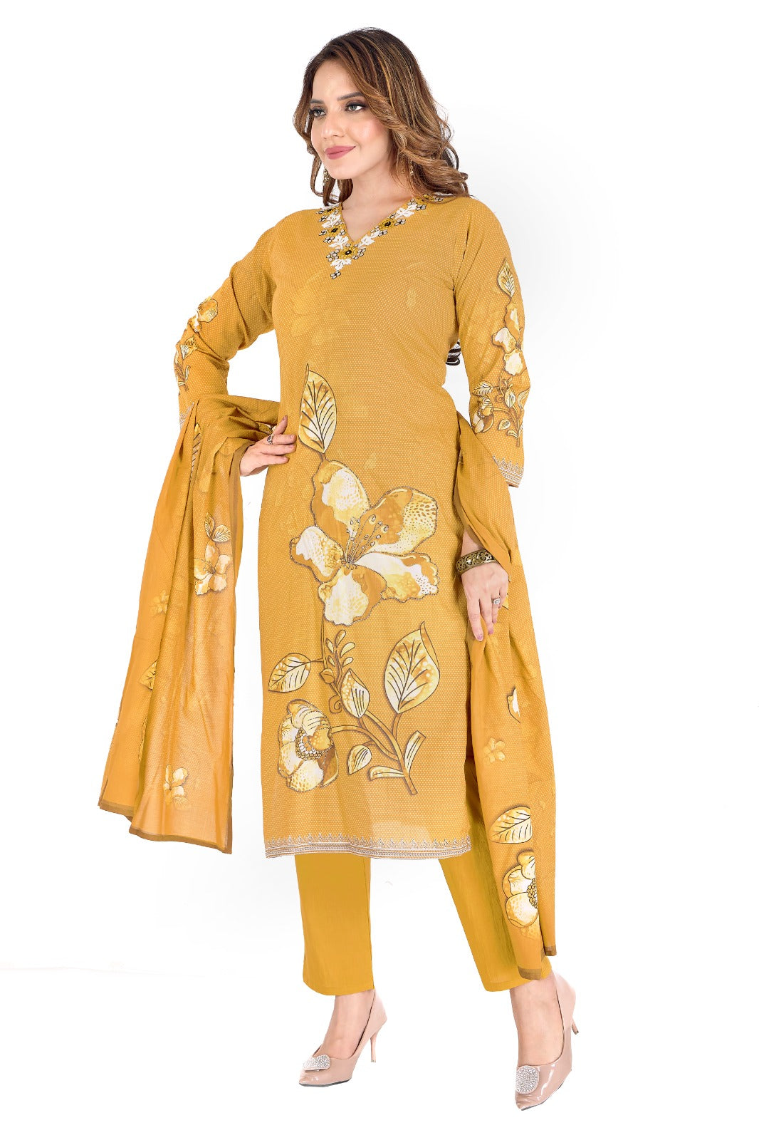 💛 Bloom with Grace – Mustard Yellow Floral Cotton Suit Set 💛